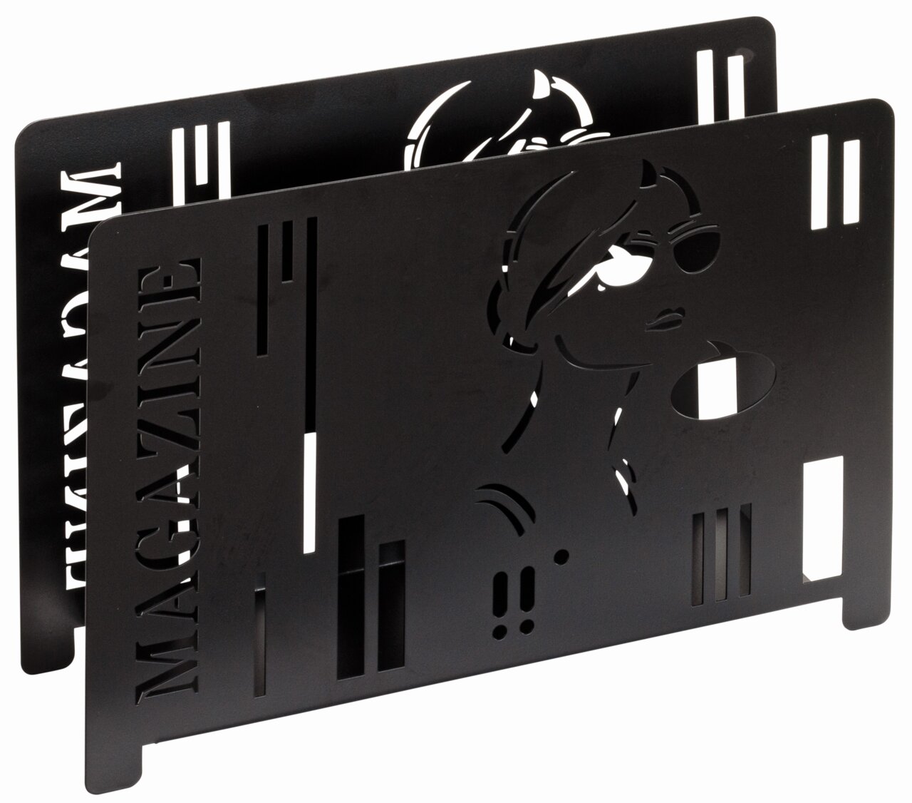 Schwarzer Zeitungsständer aus Metall mit ausgeschnittenem Design einer stilisierten Frau und dem Wort 'MAGAZINE', seitliche Perspektive.