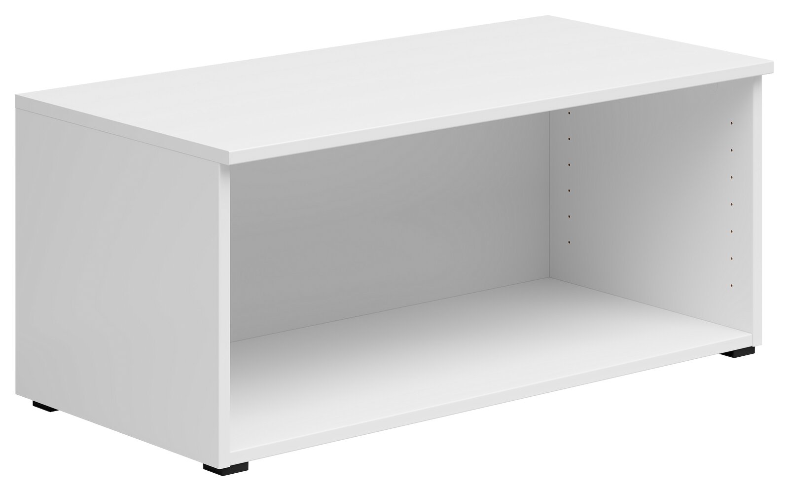 Weißer Regalaufsatz aus Holz, perspektivisch von vorne rechts fotografiert.