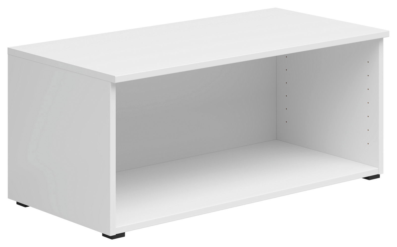 Weißer Regalaufsatz aus Holz, perspektivisch von vorne rechts fotografiert.