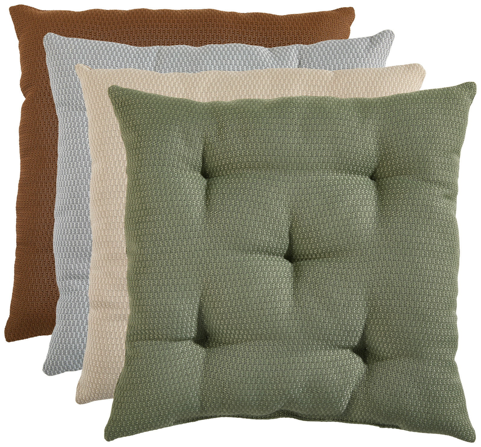 Vier übereinander gestapelte Sitzkissen in verschiedenen Farben aus der Vogelperspektive.