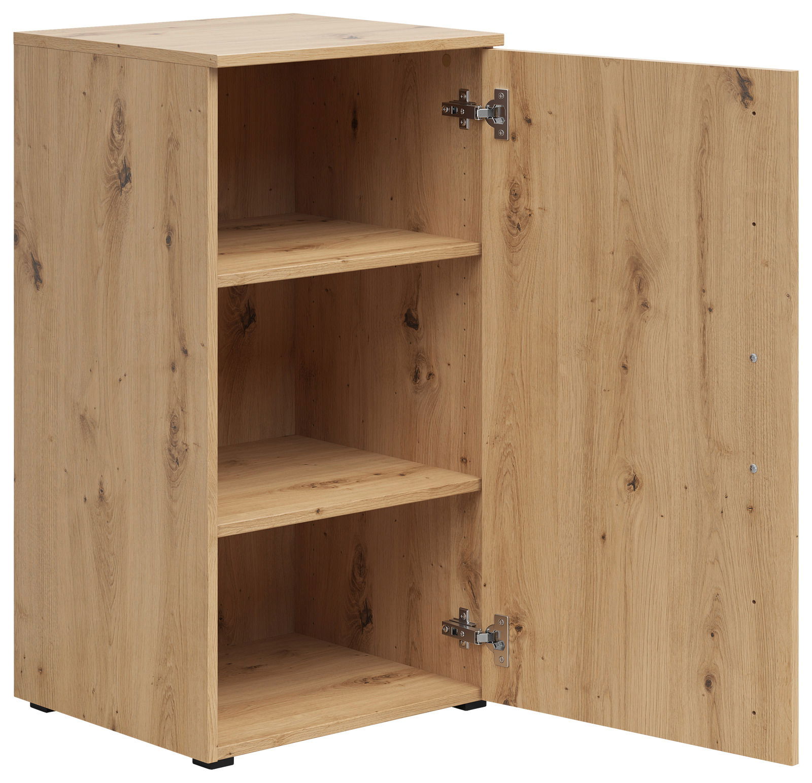 Holzkommode mit geöffneter Tür, zwei Einlegeböden und sichtbarer Holzmaserung, Perspektive von vorne links