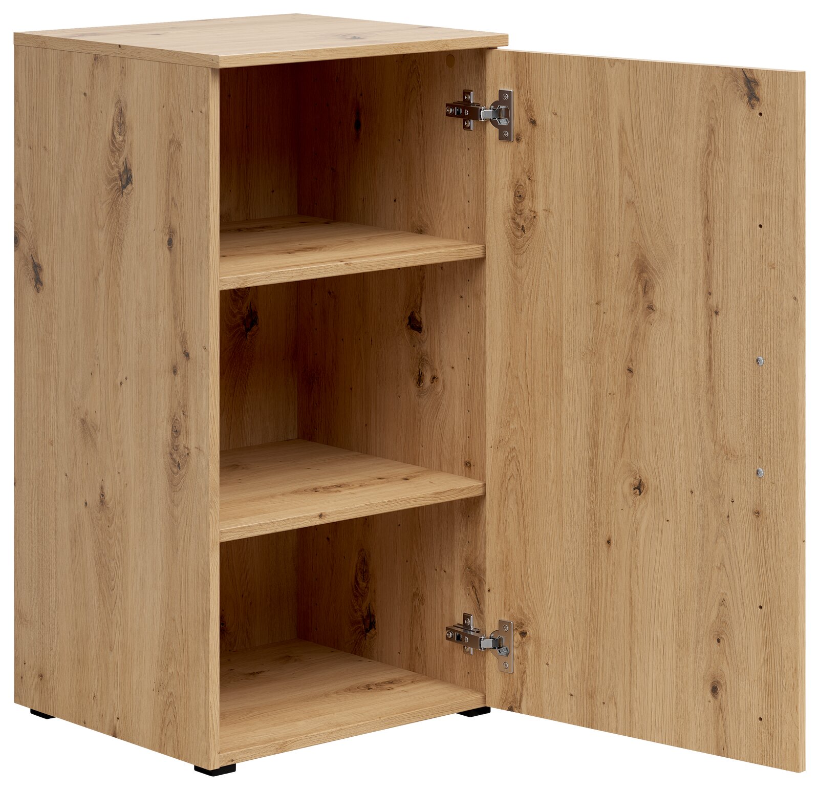 Holzkommode mit geöffneter Tür, zwei Einlegeböden und sichtbarer Holzmaserung, Perspektive von vorne links