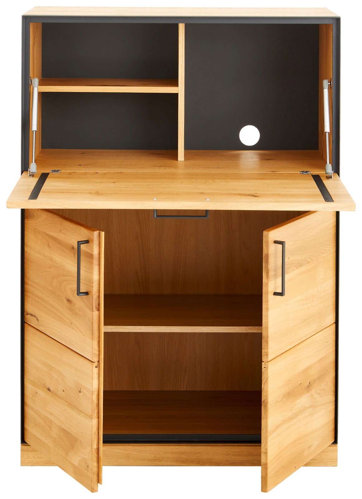 Sekretär aus Holz mit offenen Türen und Fächern, Frontalansicht