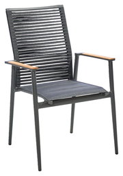 Moderner Sessel mit Metallrahmen und Holzarmlehnen, seitliche Perspektive