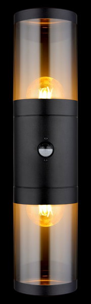 Moderne Außenleuchte mit zylindrischem Design und zwei sichtbaren Glühbirnen, frontal betrachtet.