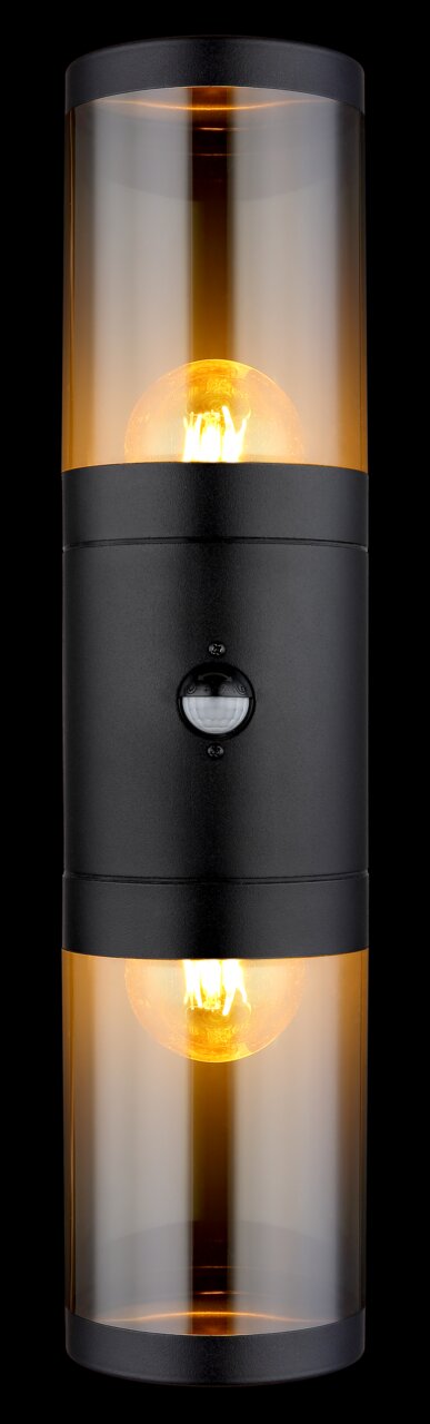 Moderne Außenleuchte mit zylindrischem Design und zwei sichtbaren Glühbirnen, frontal betrachtet.