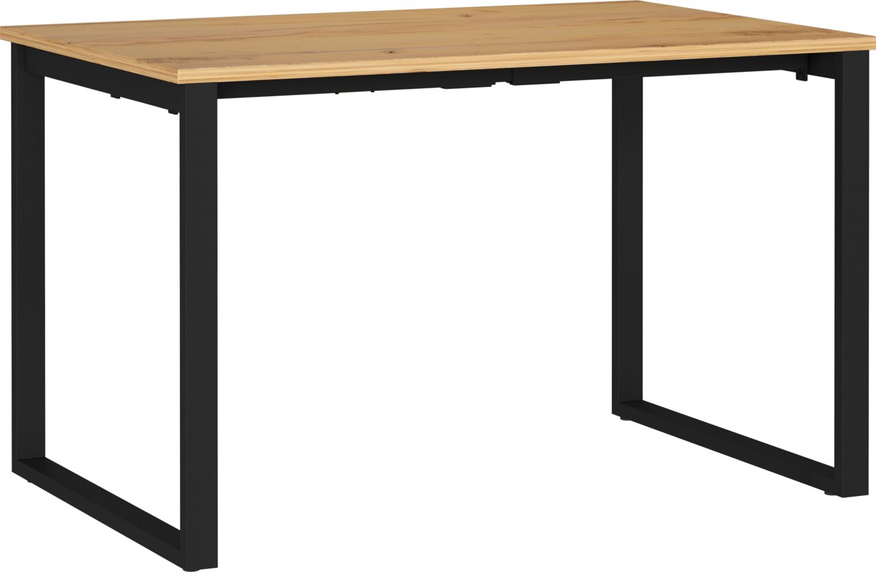 Moderner rechteckiger Tisch mit heller Holzplatte und schwarzem Metallgestell in Kufenform, freigestellt auf weißem Hintergrund, Perspektive: leicht von vorne oben