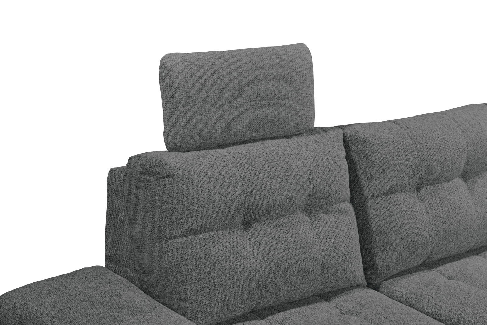 Graues Sofa mit verstellbarer Kopfstütze, seitliche Perspektive
