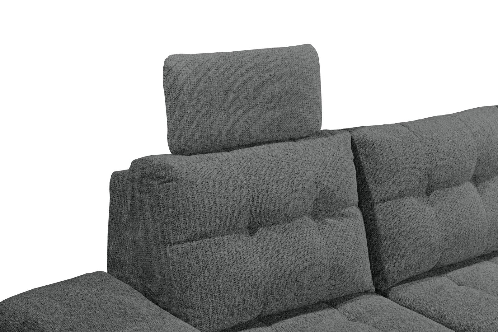 Graues Sofa mit verstellbarer Kopfstütze, seitliche Perspektive