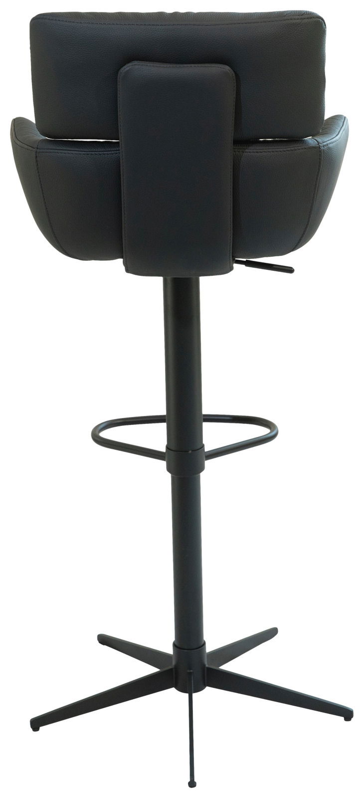 Rückansicht eines schwarzen Barhockers mit gepolsterter Rückenlehne und verstellbarem Fußgestell.