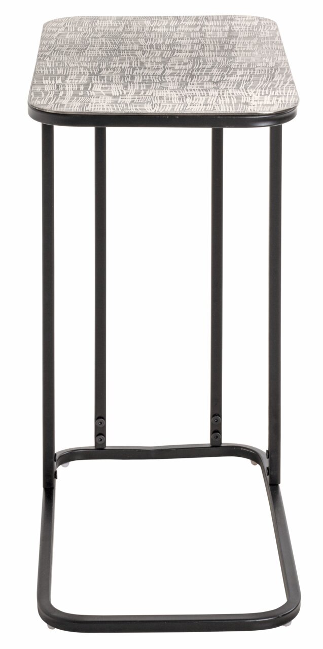 Moderner Beistelltisch mit gemusterter Tischplatte und schwarzem Metallgestell, Frontalansicht.