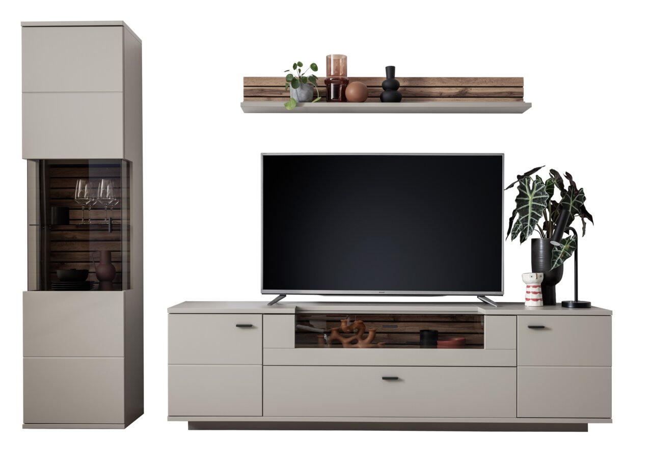 Moderne Wandkombination LÜTTICH in hellem Grau mit TV-Schrank, Vitrine und Wandregal, frontal abgebildet. Dekoriert mit Pflanzen und Accessoires.