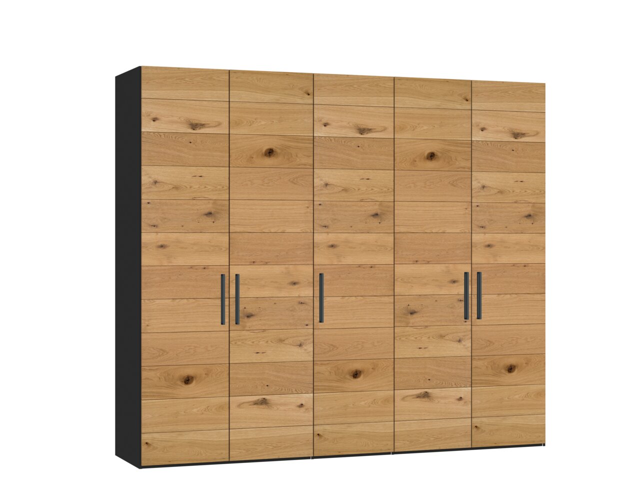 Houten kast met vijf draaideuren en een natuurlijke nerf, zwarte handgrepen, zijaanzicht