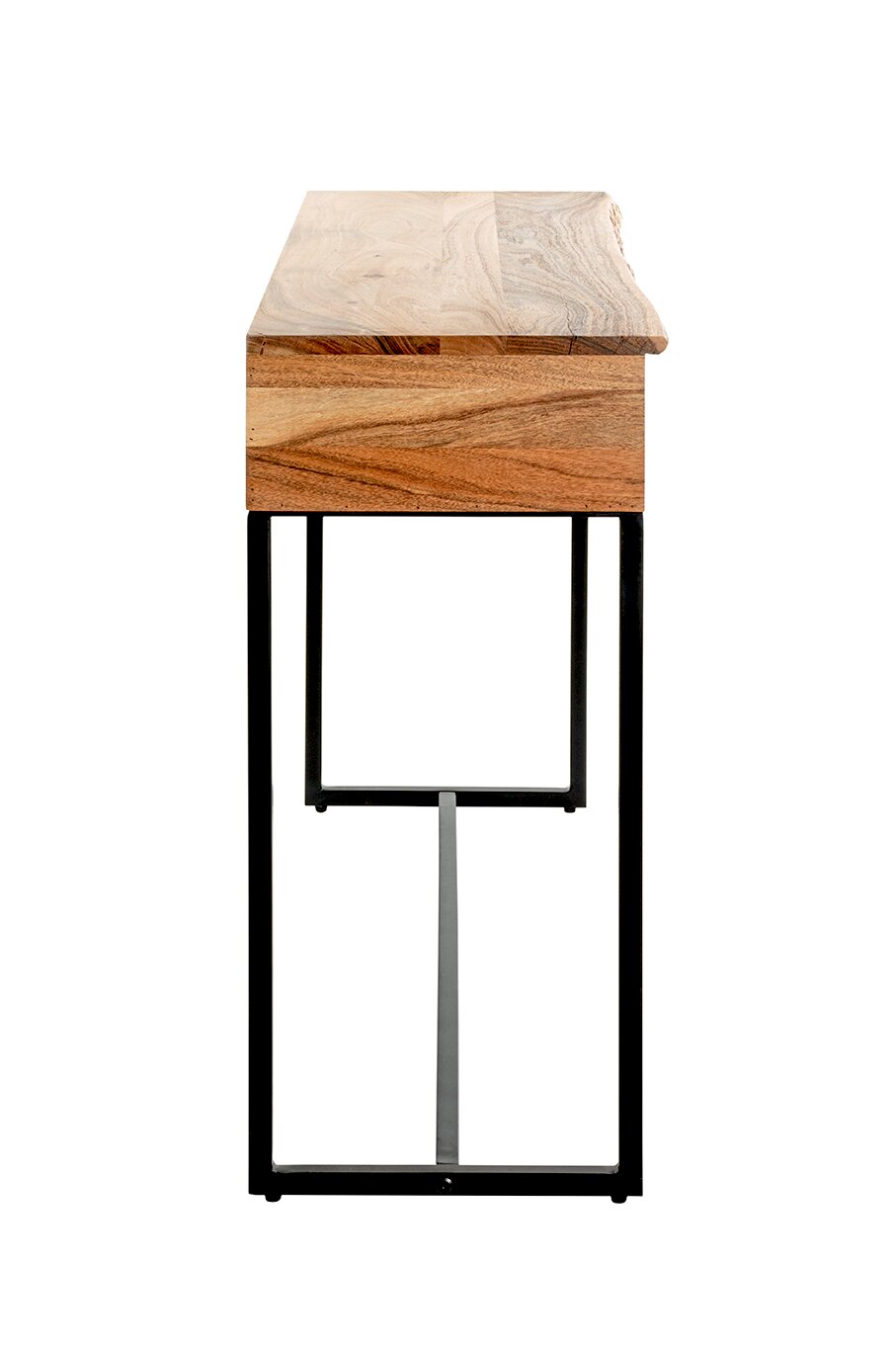 Schmaler Beistelltisch aus massivem Holz mit sichtbarer Maserung und schwarzem Metallgestell, freigestellt auf weißem Hintergrund, Frontalansicht