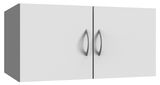 Moderner weißer Hängeschrank mit zwei Türen und silbernen Griffen, seitliche Perspektive
