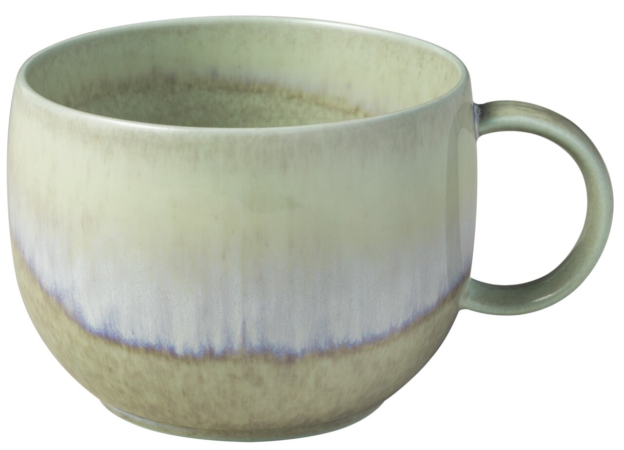 Kaffeetasse mit sanftem Farbverlauf in Grün- und Beigetönen, seitliche Perspektive