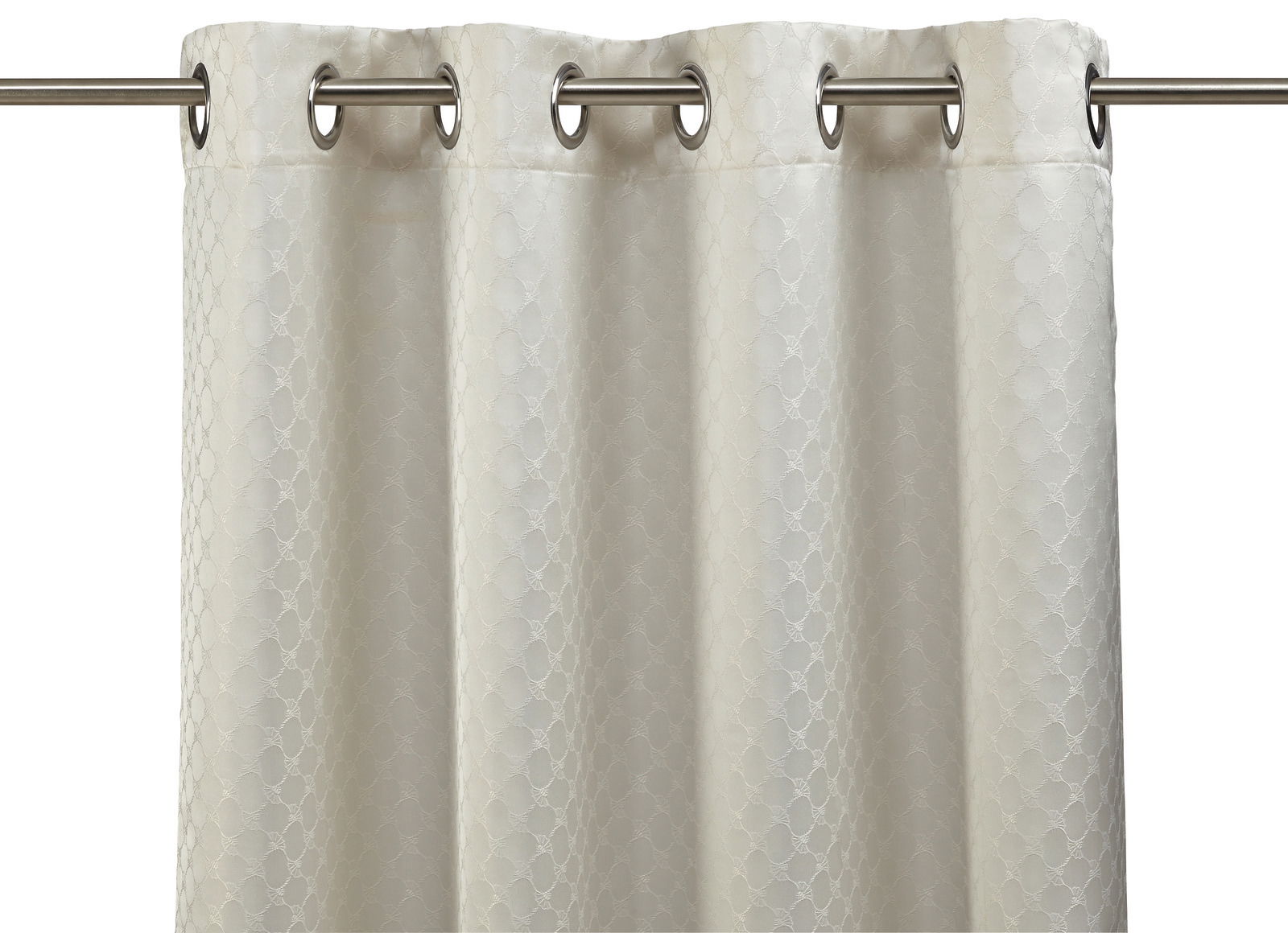 Ösenvorhang in natürlichem Farbton mit dezentem Muster, frontal aufgenommen.