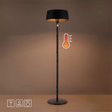 Freistehender Standheizstrahler mit schwarzem Lampenschirm, frontal abgebildet. Integrierte Symbole zeigen IP44-Schutz und Ein/Aus-Funktion.