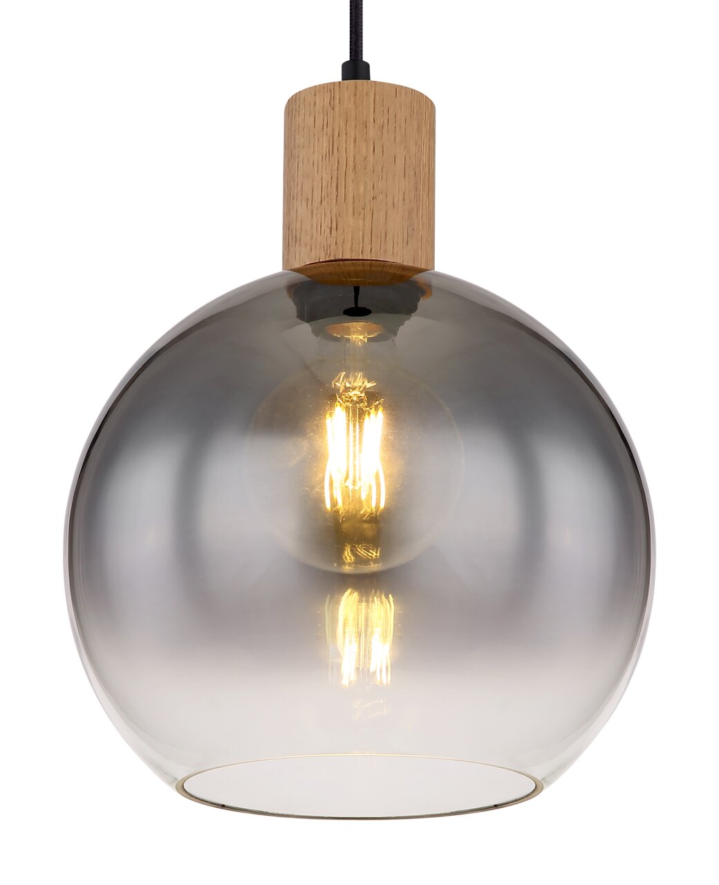 Moderne Hängeleuchte mit rauchgrauem Glasschirm und Holzdetail, Frontalansicht