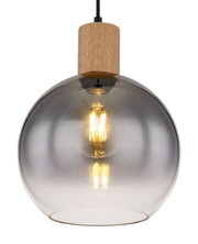 Moderne Hängeleuchte mit rauchgrauem Glasschirm und Holzdetail, Frontalansicht