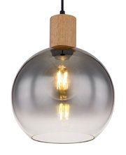 Moderne Hängeleuchte mit rauchgrauem Glasschirm und Holzdetail, Frontalansicht