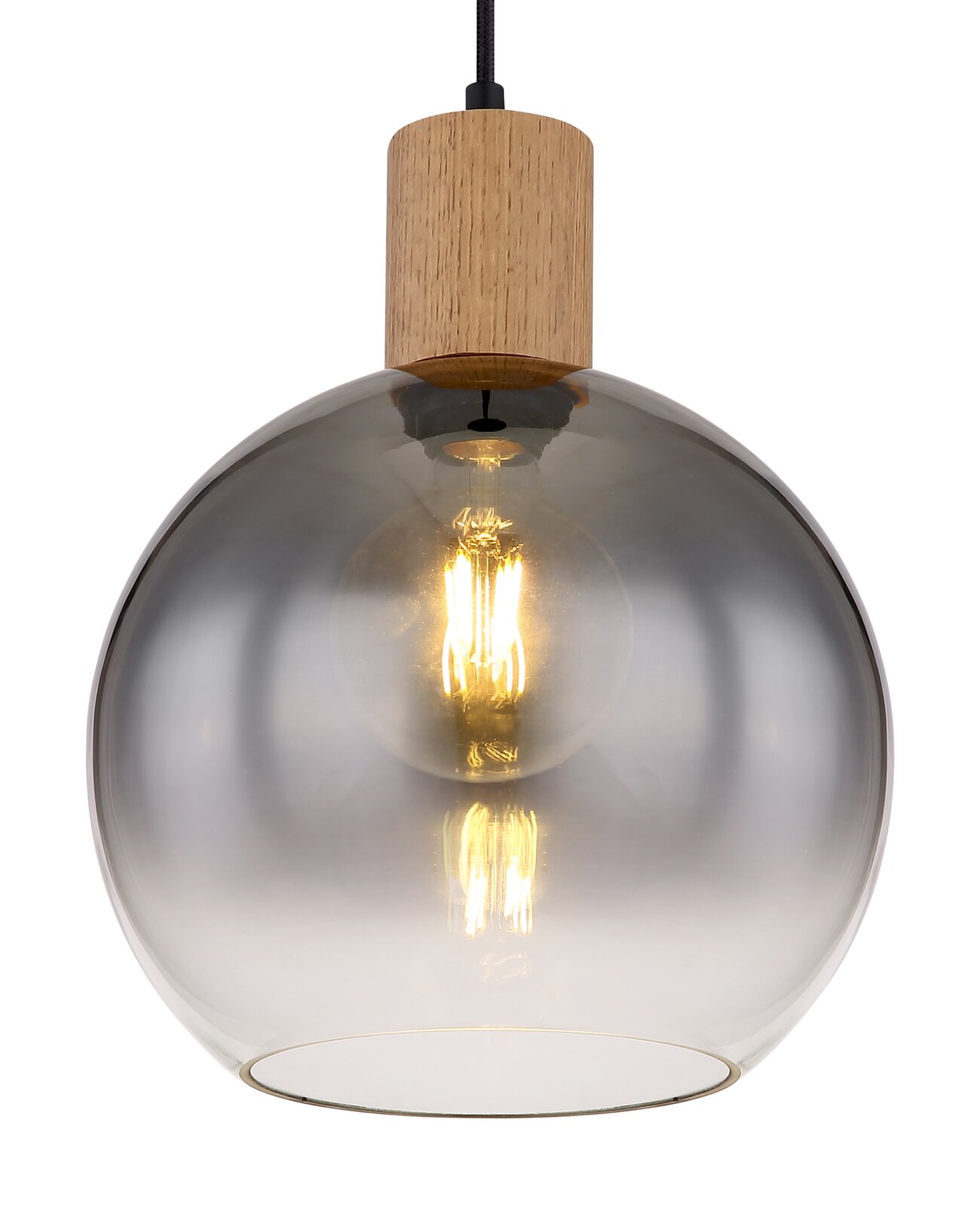 Moderne Hängeleuchte mit rauchgrauem Glasschirm und Holzdetail, Frontalansicht