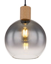 Moderne Hängeleuchte mit rauchgrauem Glasschirm und Holzdetail, Frontalansicht