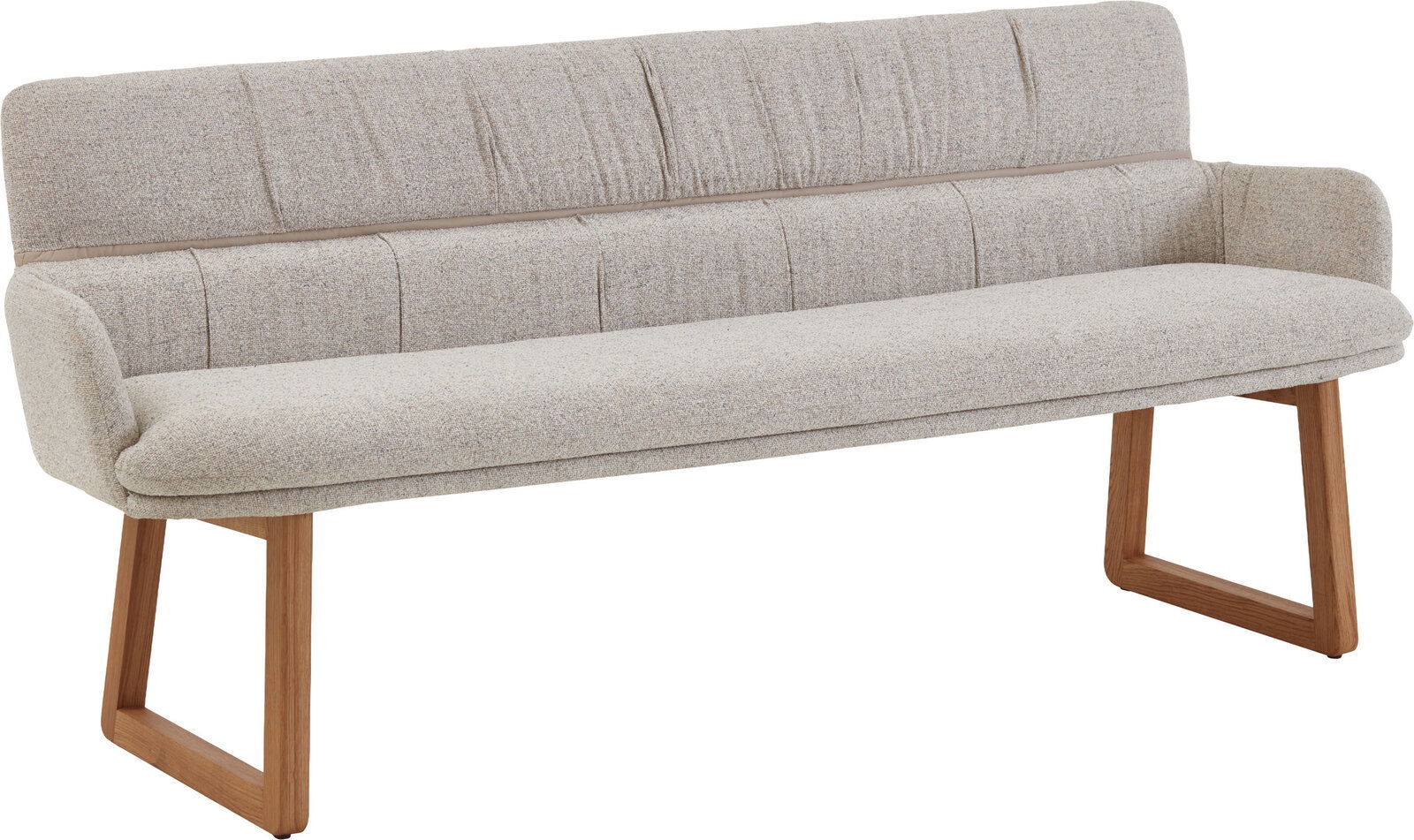 Valdera Sitzbank TREVISO Gepolsterte Sitzbank mit hoher Rückenlehne und Armlehnen, hellbeiger Stoffbezug und Holzgestell, freigestellt in schräger Frontansicht von links.