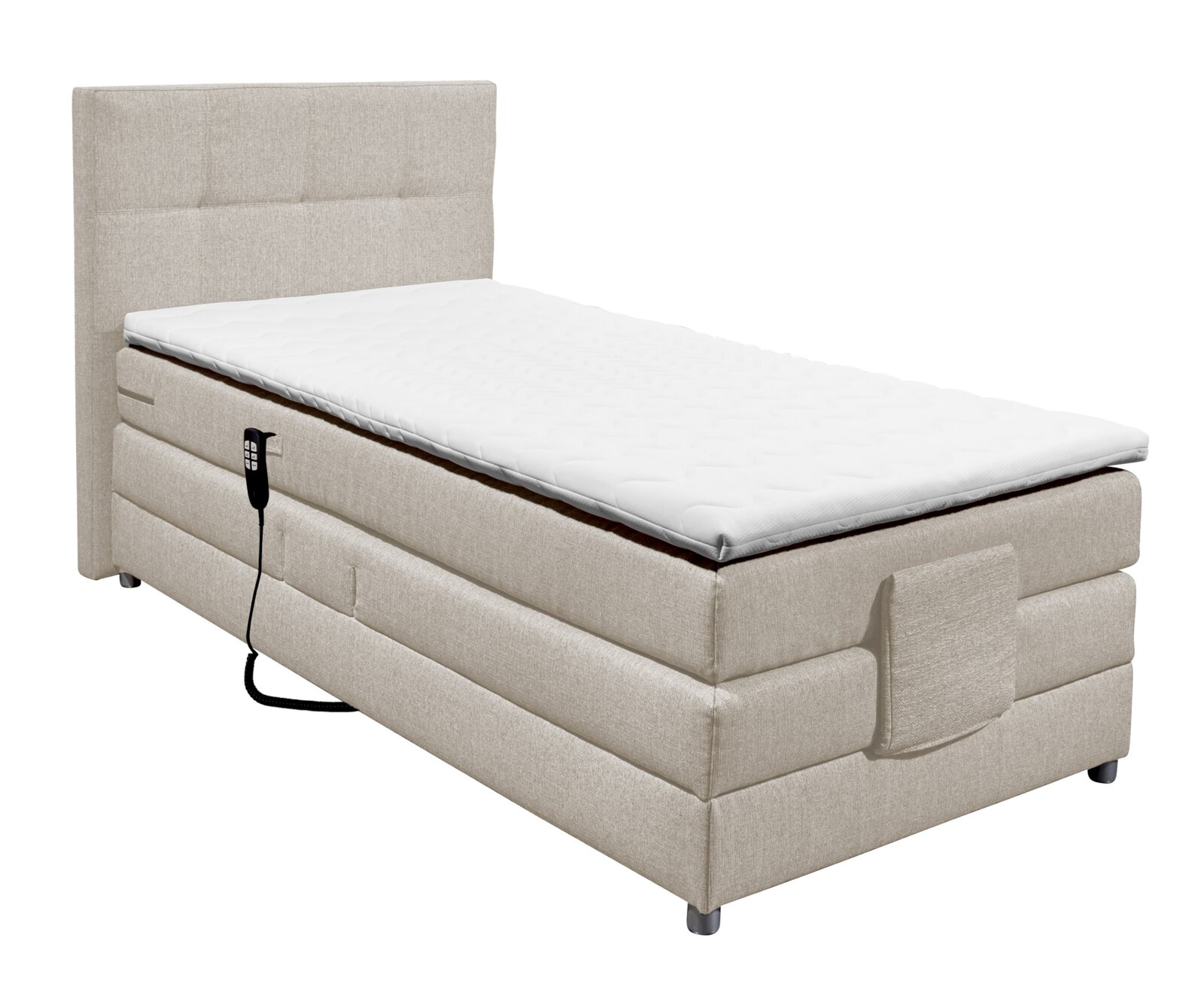 Esposa Boxspringbett MANOLO Beiges Boxspringbett mit Kopfteil, seitlicher Perspektive, mit Fernbedienung und Matratzenauflage