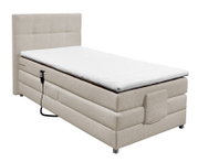 Beige boxspringbed met hoofdeinde, gezien vanaf de zijkant, met afstandsbediening en matrasovertrek