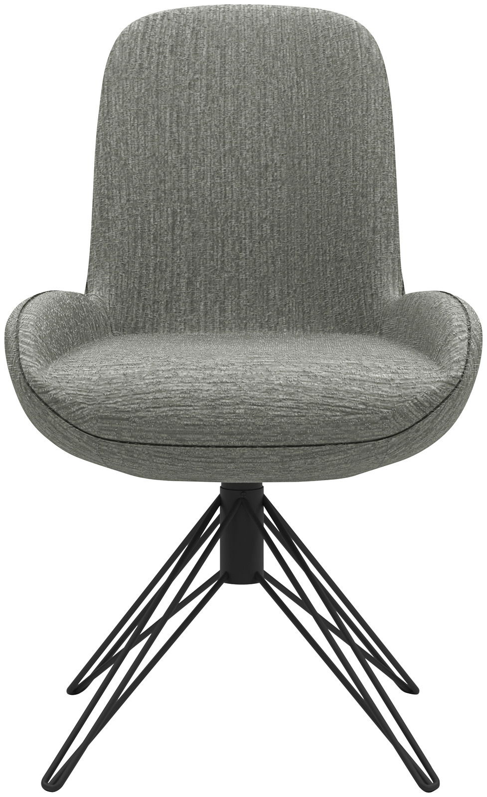 Moderner grauer Stuhl mit gepolsterter Sitzfläche und schwarzem Metallgestell, Frontalansicht