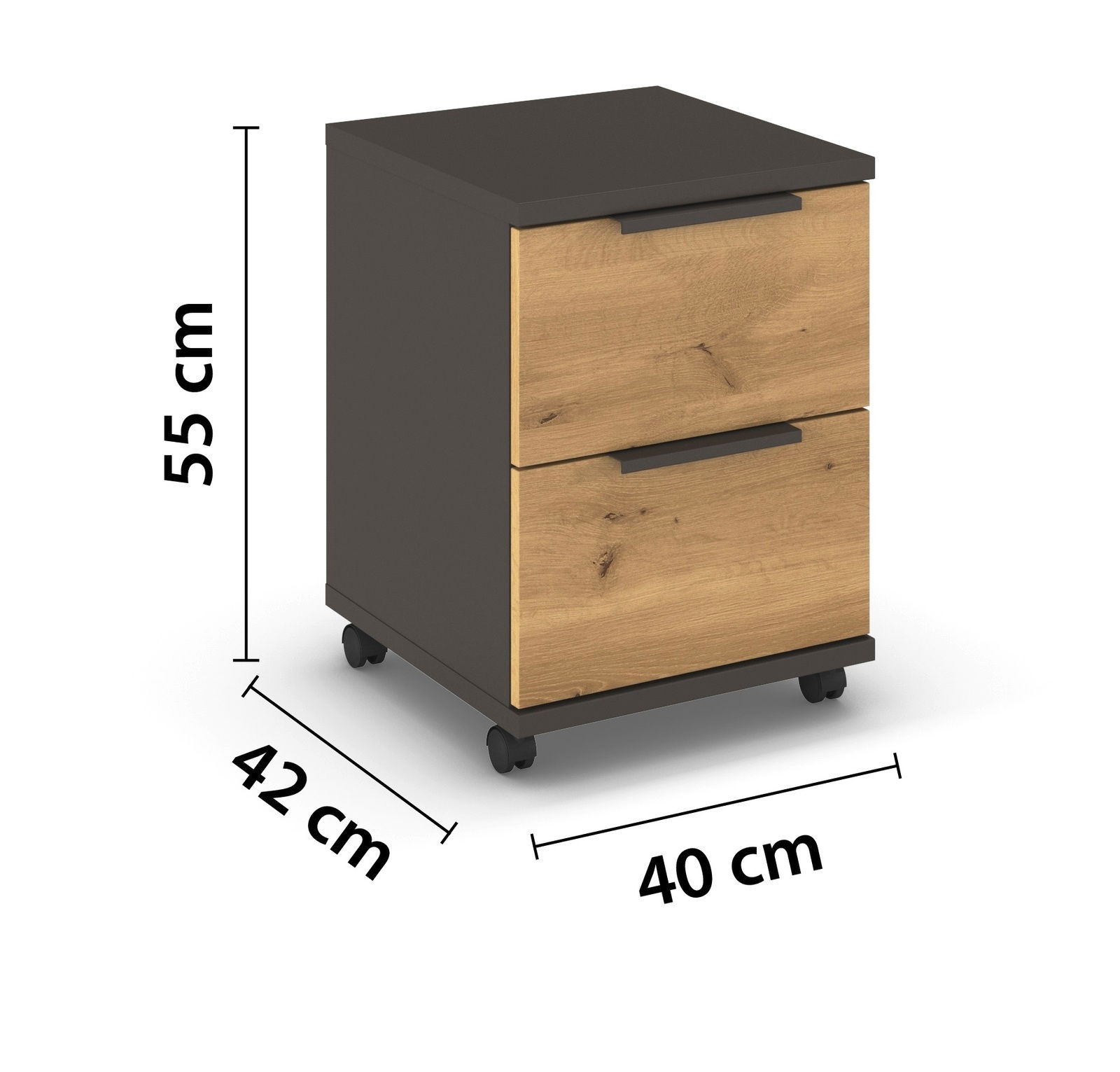 Rollcontainer mit zwei Schubladen in Holzoptik und dunklem Rahmen, auf Rollen, seitliche Perspektive