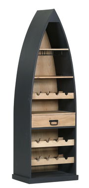 Bar-Regal in Bootsform mit mehreren Regalböden und einer Schublade, seitliche Perspektive