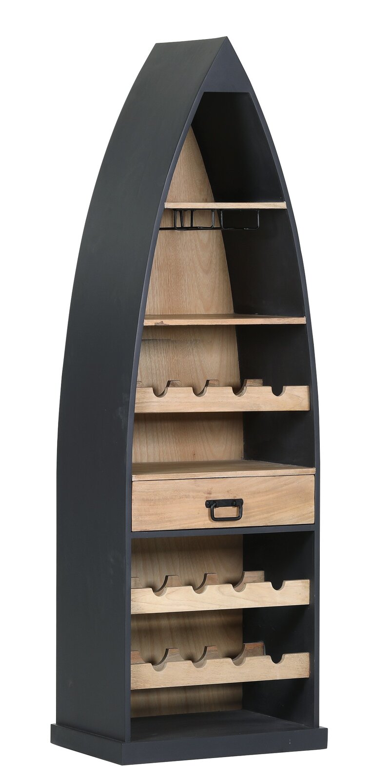 Landscape Barrek BOOT DOCK Bar-Regal in Bootsform mit mehreren Regalböden und einer Schublade, seitliche Perspektive