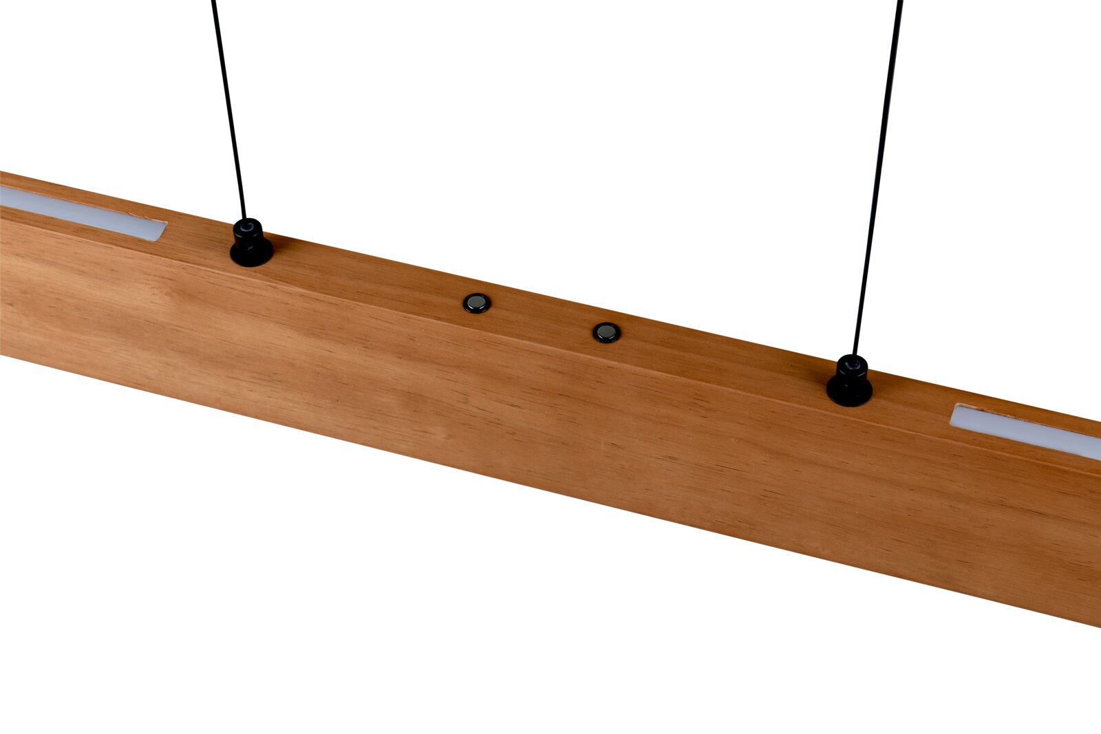 Holz-Pendelleuchte mit zwei Aufhängungen, seitliche Perspektive