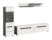 Modernes Wohnzimmermöbel-Set in Weiß und Anthrazit mit TV-Lowboard, hoher Vitrine mit Glaseinsatz und Wandregal, Frontansicht in leichter Schrägperspektive.