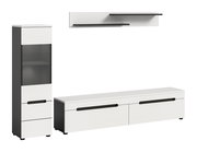 Modernes Wohnzimmermöbel-Set in Weiß und Anthrazit mit TV-Lowboard, hoher Vitrine mit Glaseinsatz und Wandregal, Frontansicht in leichter Schrägperspektive.