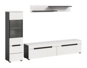Modernes Wohnzimmermöbel-Set in Weiß und Anthrazit mit TV-Lowboard, hoher Vitrine mit Glaseinsatz und Wandregal, Frontansicht in leichter Schrägperspektive.