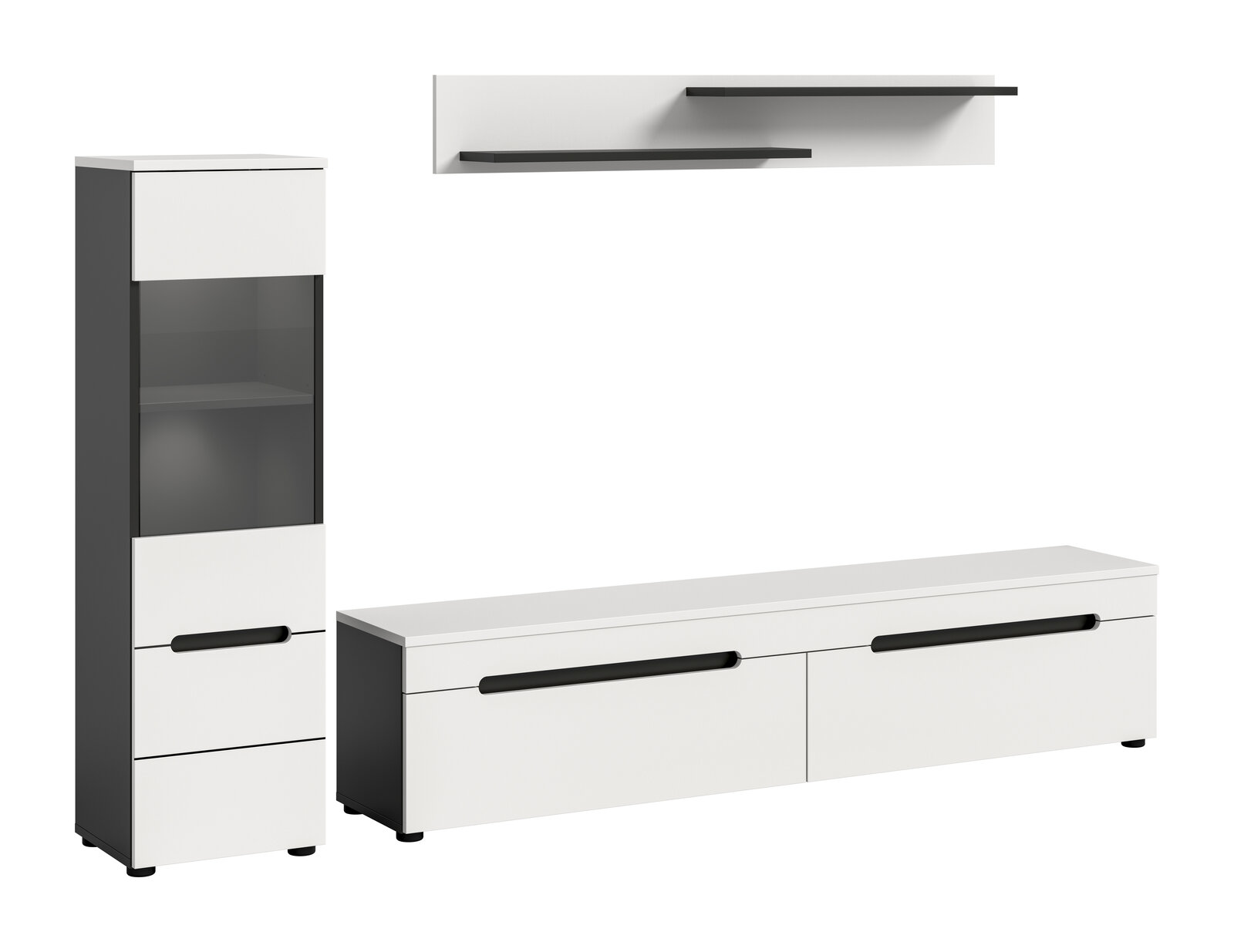 Modernes Wohnzimmermöbel-Set in Weiß und Anthrazit mit TV-Lowboard, hoher Vitrine mit Glaseinsatz und Wandregal, Frontansicht in leichter Schrägperspektive.