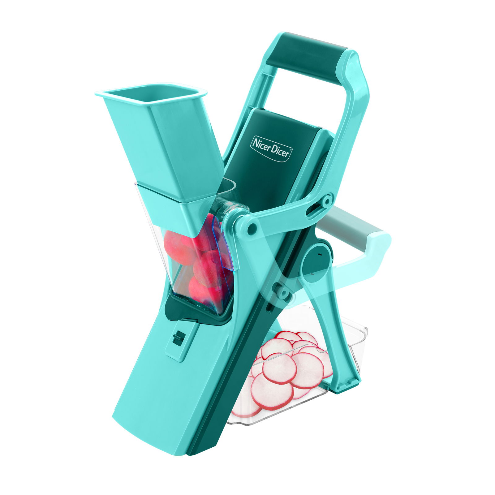 Nicer Dicer Mando, Set 10-tlg., in seitlicher Perspektive mit geschnittenen Radieschen.