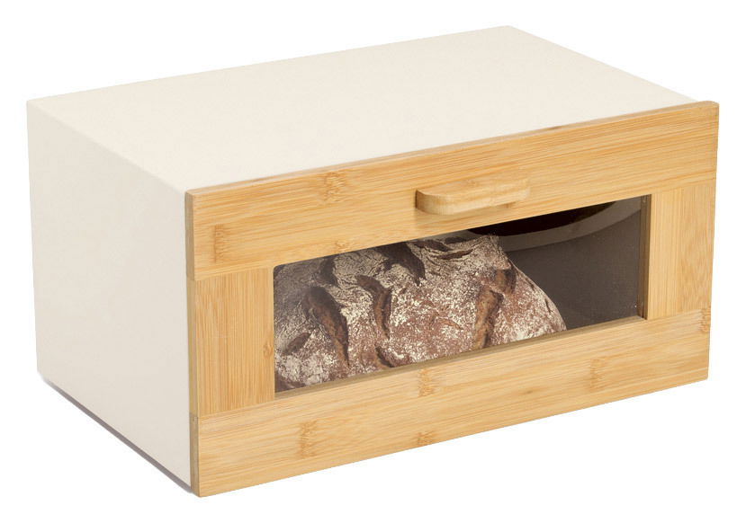 Brotkasten mit Klappe aus Holz und Glas, seitliche Perspektive