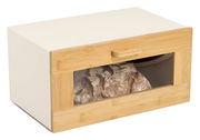 Brotkasten mit Klappe aus Holz und Glas, seitliche Perspektive