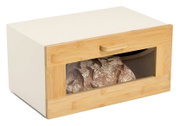 Brotkasten mit Klappe aus Holz und Glas, seitliche Perspektive
