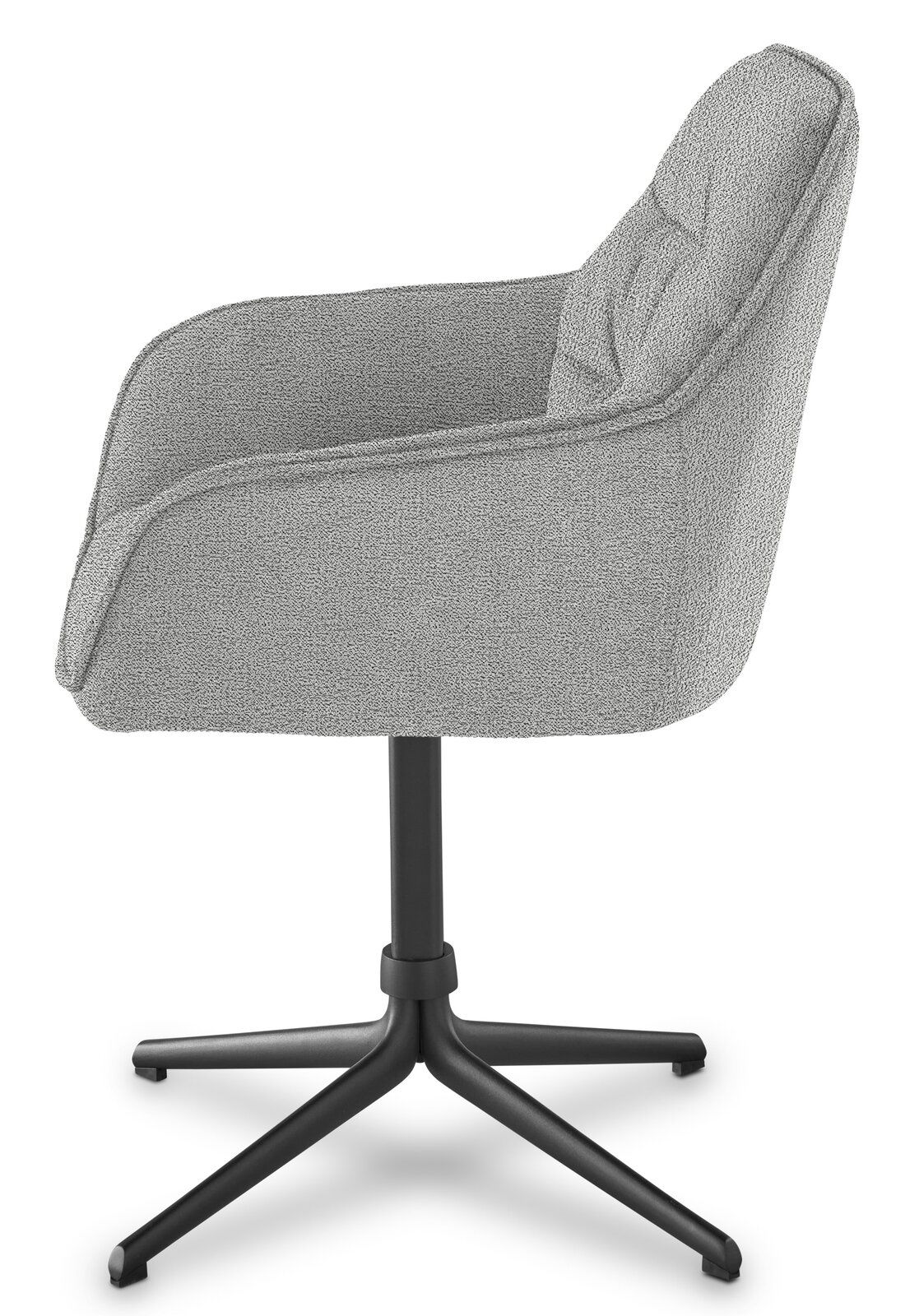 Grauer Armlehnstuhl mit schwarzem Drehgestell, Seitenansicht
