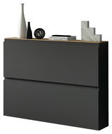 Moderner Hängeschuhschrank in dunklem Design mit Dekorationen auf der Oberseite, seitliche Perspektive