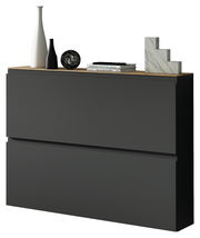 Moderner Hängeschuhschrank in dunklem Design mit Dekorationen auf der Oberseite, seitliche Perspektive