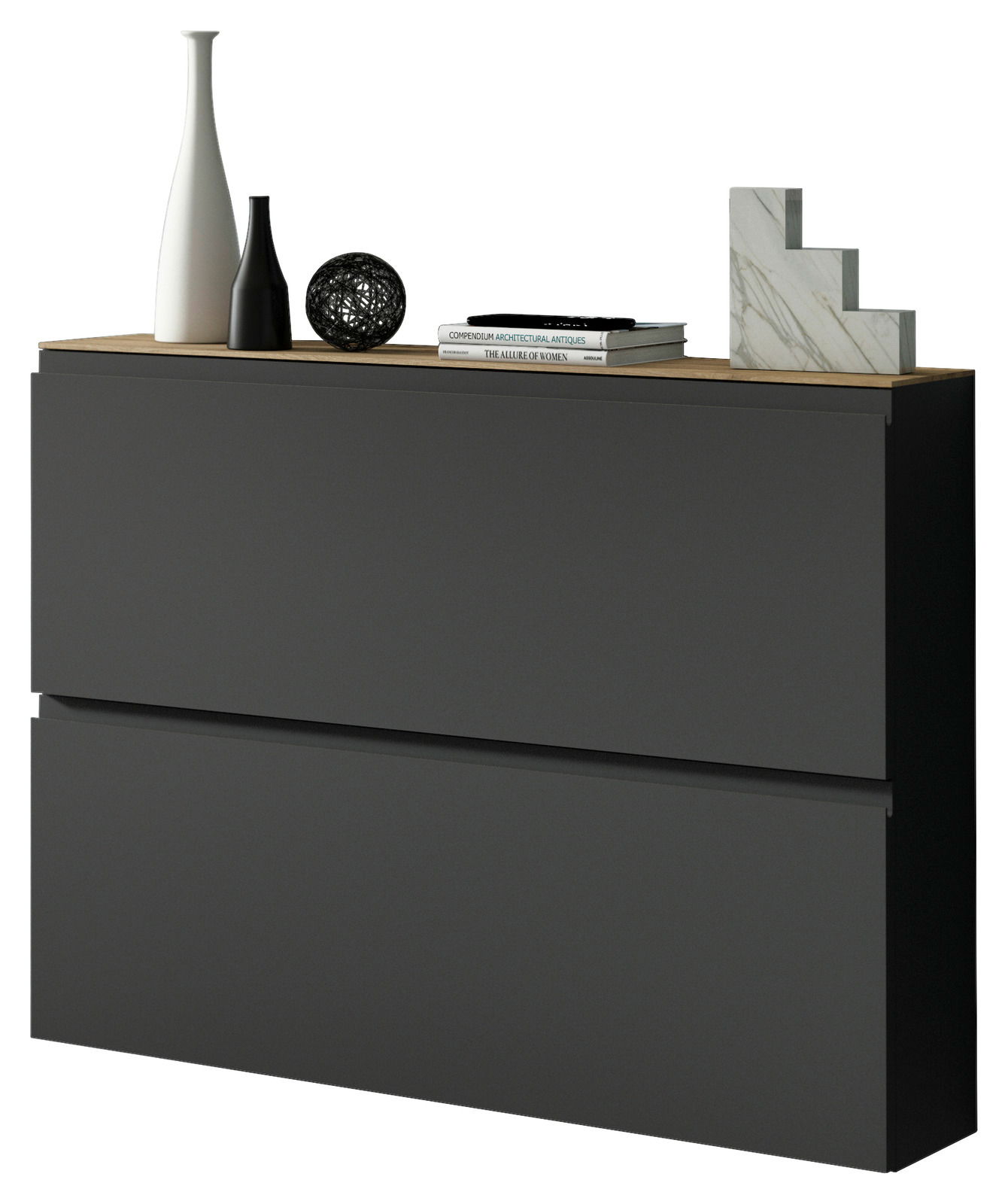 Moderner Hängeschuhschrank in dunklem Design mit Dekorationen auf der Oberseite, seitliche Perspektive