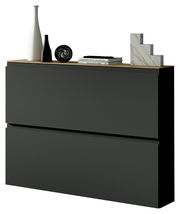 Moderner Hängeschuhschrank in dunklem Design mit Dekorationen auf der Oberseite, seitliche Perspektive