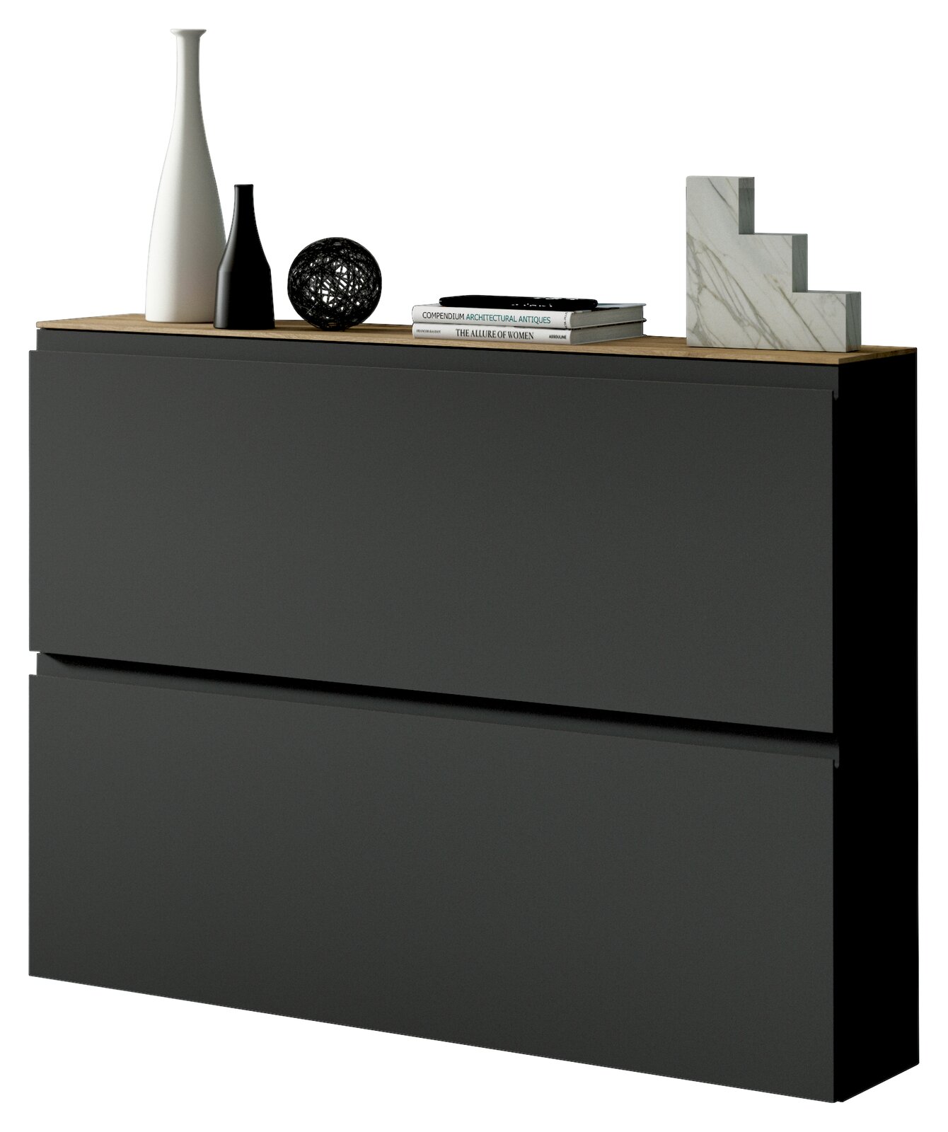 Moderner Hängeschuhschrank in dunklem Design mit Dekorationen auf der Oberseite, seitliche Perspektive