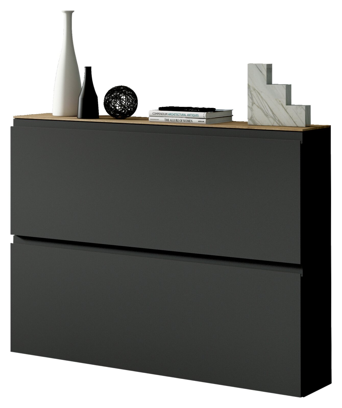 Moderner Hängeschuhschrank in dunklem Design mit Dekorationen auf der Oberseite, seitliche Perspektive